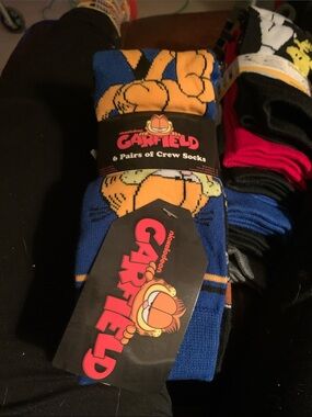 Garfield Men's Crew Socks - Blue & Orange Cartoon Pack (6 Pairs)